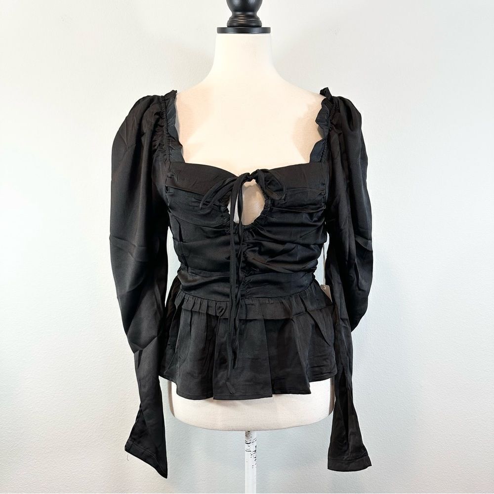 NWT Six/Fifty Black Smocked Peplum Blouse Satin Puff Shoulder, Size S